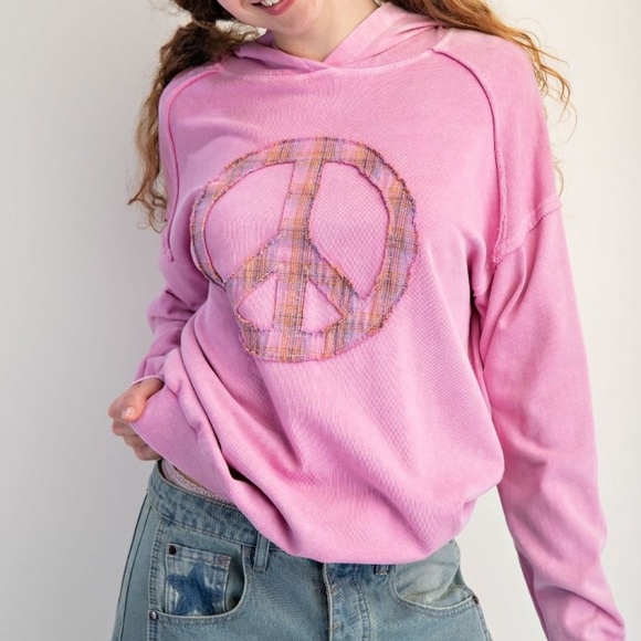 NEW EASEL CLOTHING WASHED TERRY KNIT PULLOVER PEACE HOODIE Pink SWEATSHIRT - Picture 4 of 10